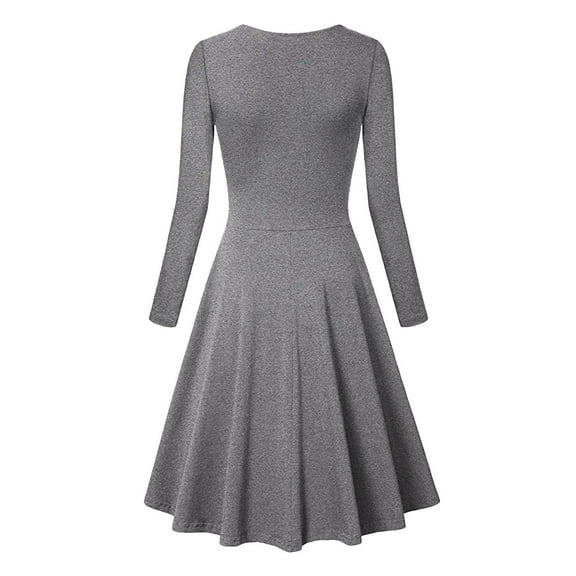 HJYCHN Elegant Ladies V-Neck Party Hem Pleated Long Sleeve Dress with Retro Solid Color Fashion Design for Stylish Occasions Grey XL