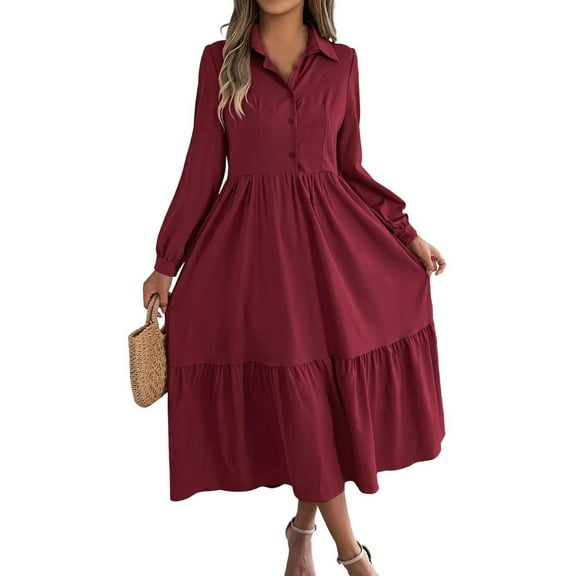 HJYCHN Elegant Lapel Collar Long Sleeve Shirt Dress Featuring Ruffles for Everyday Fall Winter Wear and Versatile Occasions Red M