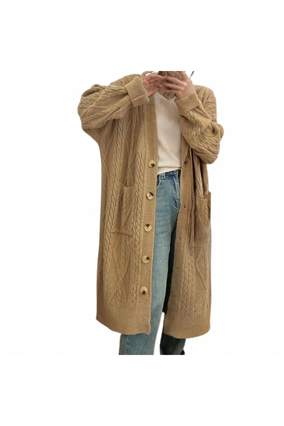 Elegant Long Knit Cardigan Duster with Allover Pattern Design Oversized Boho Style Open Front Sweater Coat for Women Khaki One Size
