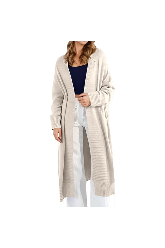 Elegant Long Knitted Cardigan Sweater Coat for Women Everyday Casual Wear Versatile Open Front Layering Piece Timeless Comfort White S
