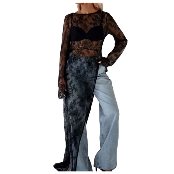 HJYCHN Elegant Long Lace Shirt Dress with Asymmetrical Hem Design for Everyday Casual Wear Fall Fashion Dress Black S