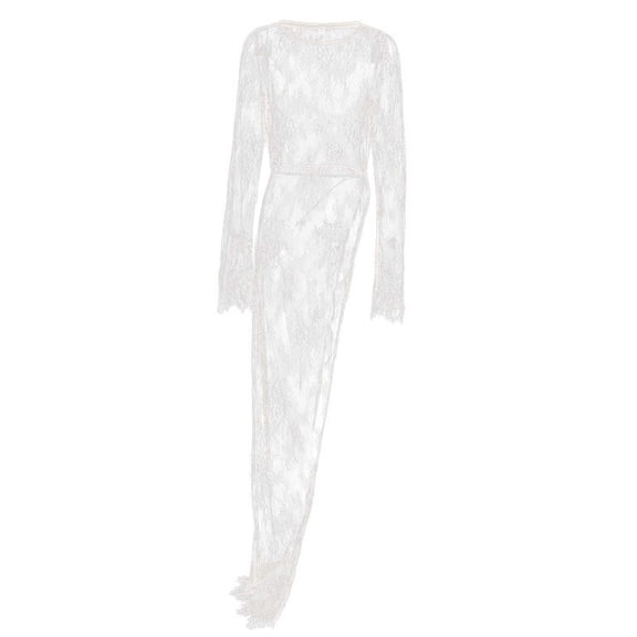 HJYCHN Elegant Long Lace Shirt Dress with Asymmetrical Hem Design for Everyday Casual Wear Fall Fashion Dress White L