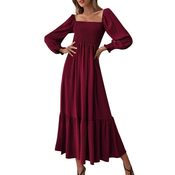 HJYCHN Elegant Long Sleeve High Waist Square Neck Ruffle Trim Bodycon Dress for Women Stylish Comfortable Daily Wear L