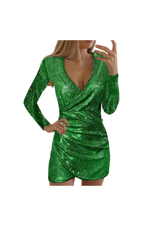 Elegant Long Sleeve Sequin Party Dress for Women Sophisticated Slim Fit Midi Gown with Neckline Detail and Self Cultivation Design for Ladies Attire Green XXL