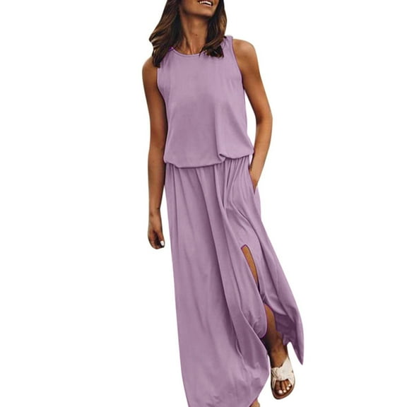 HJYCHN Elegant Maxi Dress for Women Sleeveless Round Neck Solid Color Long Split Opening Casual Wear Purple XXL