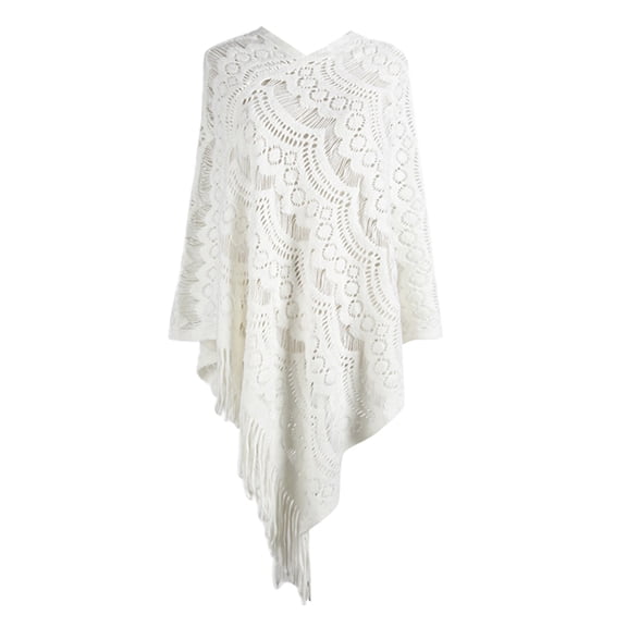 HJYCHN Elegant Mid Length Crochet Hollow Knit Pullover Cape Shawl for Women Comfortable Tassel Design Fashion Outerwear White One Size