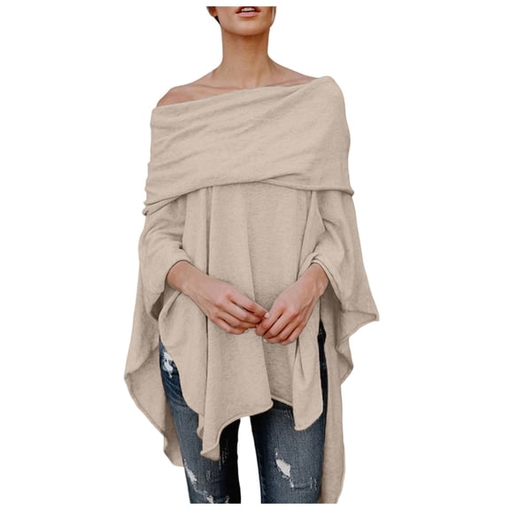 HJYCHN Elegant Off Shoulder Women's Wraps Asymmetric Hem Blouse Soft Flowy Shawl Top for Style Beige S