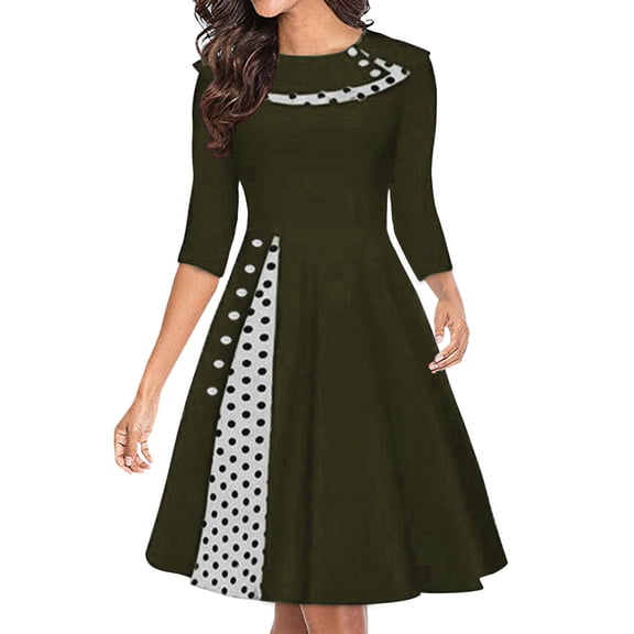 HJYCHN Elegant Retro Polka Dot Waist Swing Dress for Ladies Autumn Winter Fashion Flowy Flared Skirt Timeless Feminine Style Army Green M