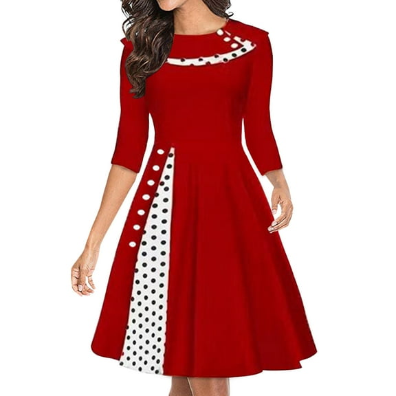 HJYCHN Elegant Retro Polka Dot Waist Swing Dress for Ladies Autumn Winter Fashion Flowy Flared Skirt Timeless Feminine Style Red M