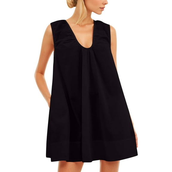 HJYCHN Elegant Sleeveless V-Neck Ruched Mini Dress with Convenient Side Pockets for Parties and Casual Outings Black S