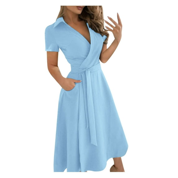 HJYCHN Elegant Slim Fit Wrap Design Lace V-Neck Long Sleeve Feminine Casual Dress for Everyday Sophisticated Style Sky Blue XXL