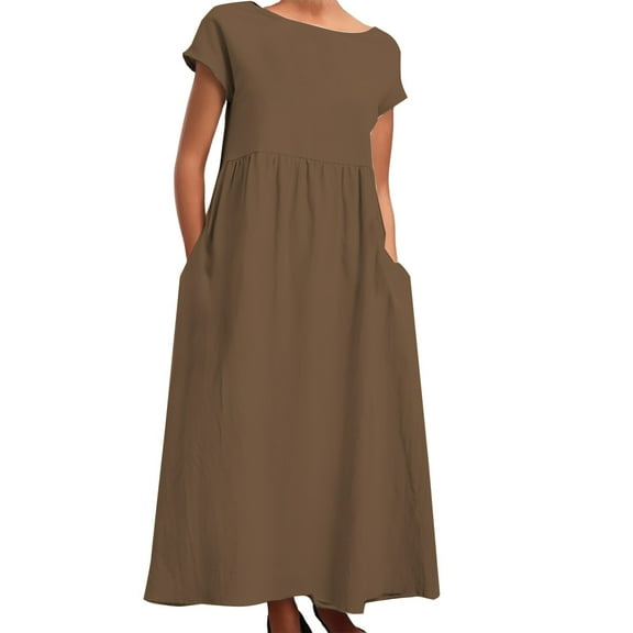 HJYCHN Elegant Solid Color Loose Fit Linen Dress for Women Sleeveless Design with Convenient Side Pockets Comfortable Casual Wear Brown S