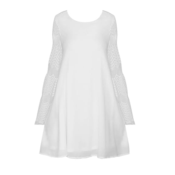 HJYCHN Elegant Spring Women Chiffon Lace Mesh Dress with Long Sleeve Round Neck Comfortable Casual Wear White L
