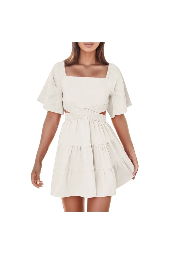 Elegant Square Neck Layered Casual Dress for Women Comfortable Sleeve Design Flowy Waistless Fit Daily Wear Soft Fabric Versatile Style Simplicity Modern Feminine Fashion Beige S