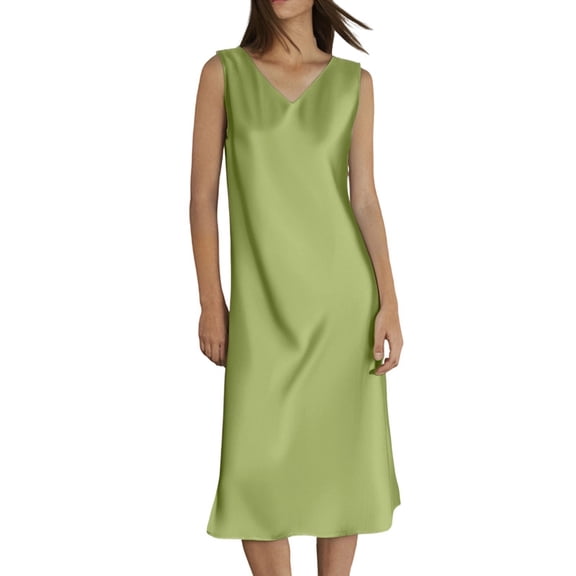 HJYCHN Elegant V-Neck A Line Sleeveless Midi Dress with Satin Trim for Women's Daily Wear and Party Events Green L