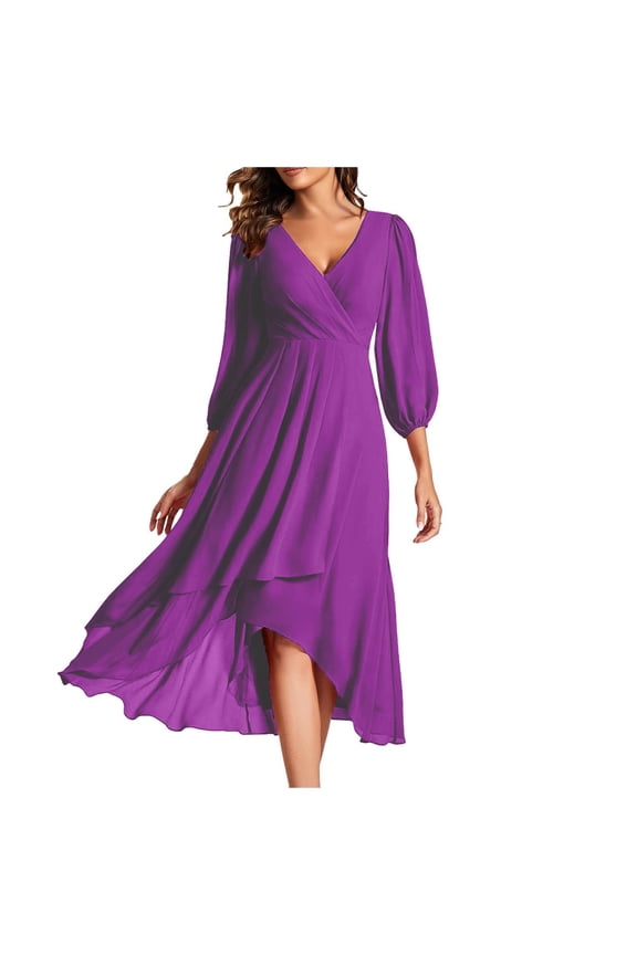 Elegant V-Neck Chiffon Midi Dress with Long Sleeves and Pleated A-Line Design for Wedding Guest Occasions and Spring Events Purple XXXL