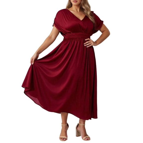 HJYCHN Elegant V-Neck Crepe Satin Midi Party Gown Featuring Slit Detail Adjustable Drawstring and Flowy Ruffle Hem Design for Women Red XXXXXXL