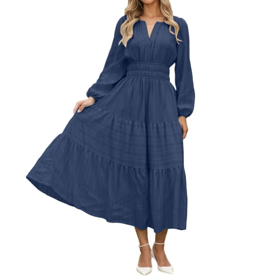 HJYCHN Elegant V-Neck Tiered Sleeve Tunic Dress for Women Soft Stretchy Flowy Long Sleeve Comfortable Daily Wear Stylish Fall Winter Outfit Navy M
