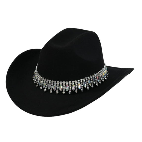 HJYCHN Elegant Western Cowboy Hat With Sparkling Rhinestone Decorations For Men And Women Jazz Party Wear Wide Brim Design Black One Size