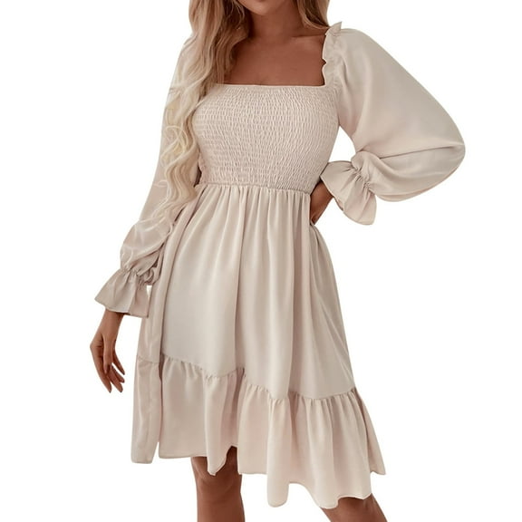 HJYCHN Elegant Women Autumn High Waist Flounce Skirt with Square Neck Long Sleeve Solid Color Casual Dress Beige XL