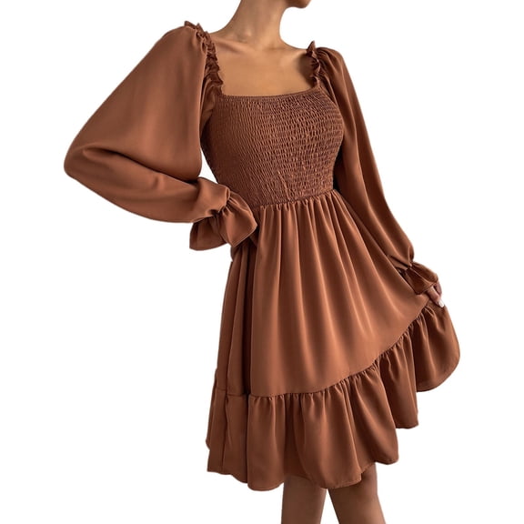 HJYCHN Elegant Women Autumn High Waist Flounce Skirt with Square Neck Long Sleeve Solid Color Casual Dress Brown XL