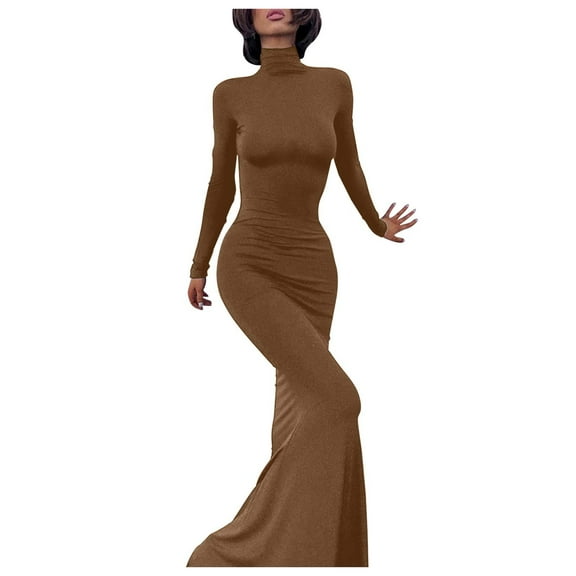 HJYCHN Elegant Women Casual Dress Solid Round Neck Long Sleeve Patchwork Maxi Skirt Comfortable Fashionable Daily Wear Brown S