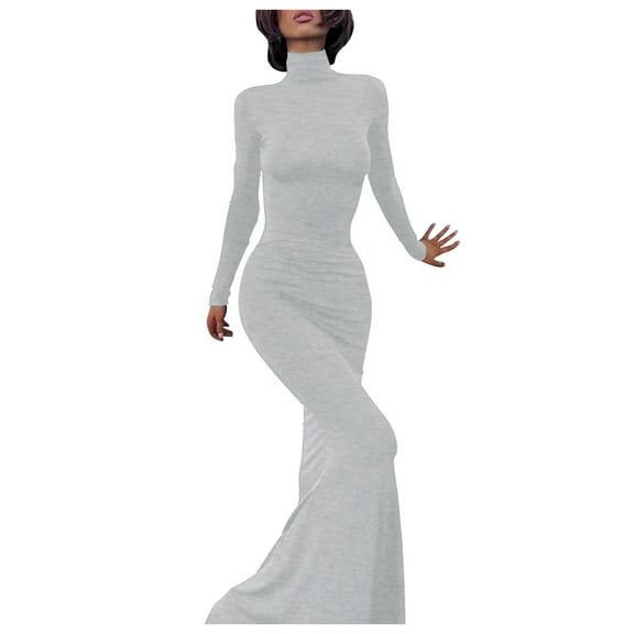 HJYCHN Elegant Women Casual Dress Solid Round Neck Long Sleeve Patchwork Maxi Skirt Comfortable Fashionable Daily Wear Grey S