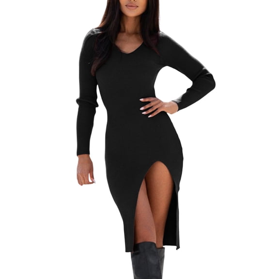 HJYCHN Elegant Women's Autumn Turtleneck Sweater Midi Dress with Long Sleeves and Ribbed Knit Design Featuring a Subtle Slit for Stylish Comfortable Casual Wear Black XXL