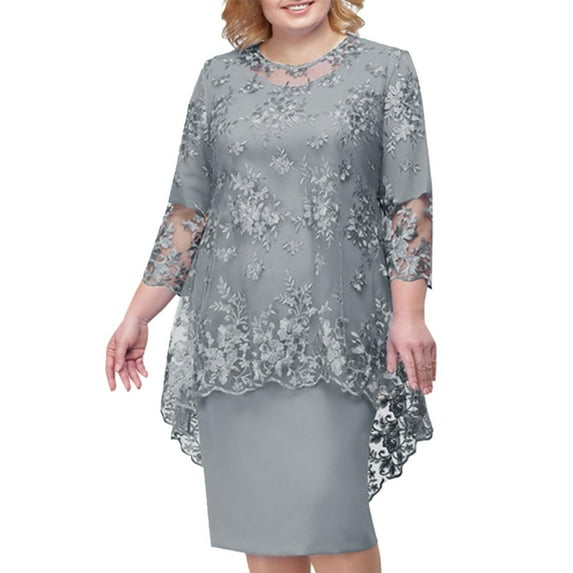 HJYCHN Elegant Women's Casual Evening Dress with Lace Embroidery and Half Sleeve Design for Daily Wear Grey L