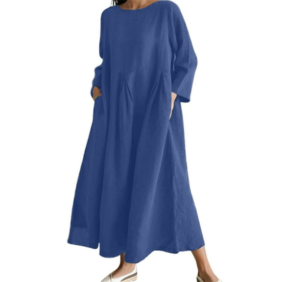 HJYCHN Elegant Women's Casual Linen Long Dress with Round Neck A-Line College Style Comfortable Flowy Solid Color Midi Outfit Navy S
