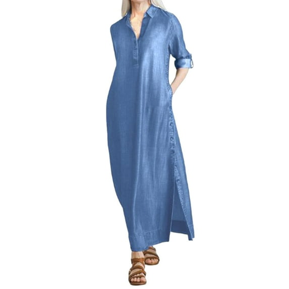 HJYCHN Elegant Women's Casual Long Sleeve Button Down Maxi Shirt Dress Featuring Side Pockets and Flowy Comfortable Loose Fit Design for Everyday Wear BU1 M