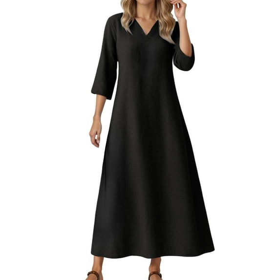 HJYCHN Elegant Women's Casual Midi Dress Loose Fit Solid Color Versatile Layering Tunic with Three Quarter Sleeve Comfortable Daywear Black S