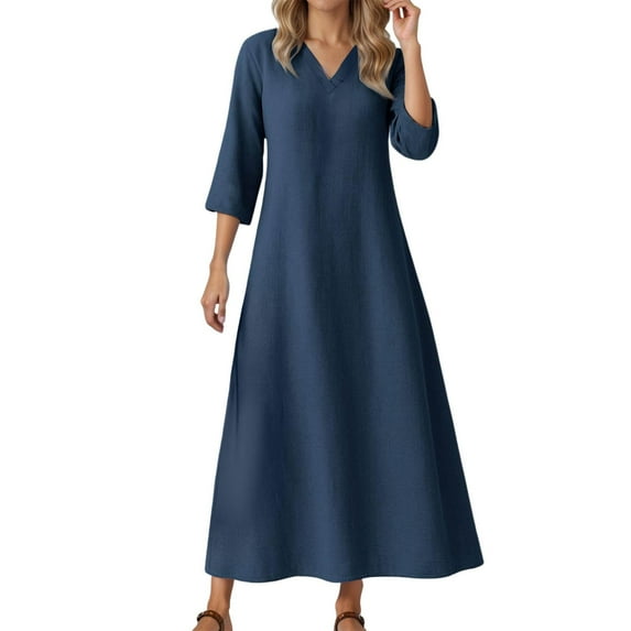HJYCHN Elegant Women's Casual Midi Dress Loose Fit Solid Color Versatile Layering Tunic with Three Quarter Sleeve Comfortable Daywear Navy XL
