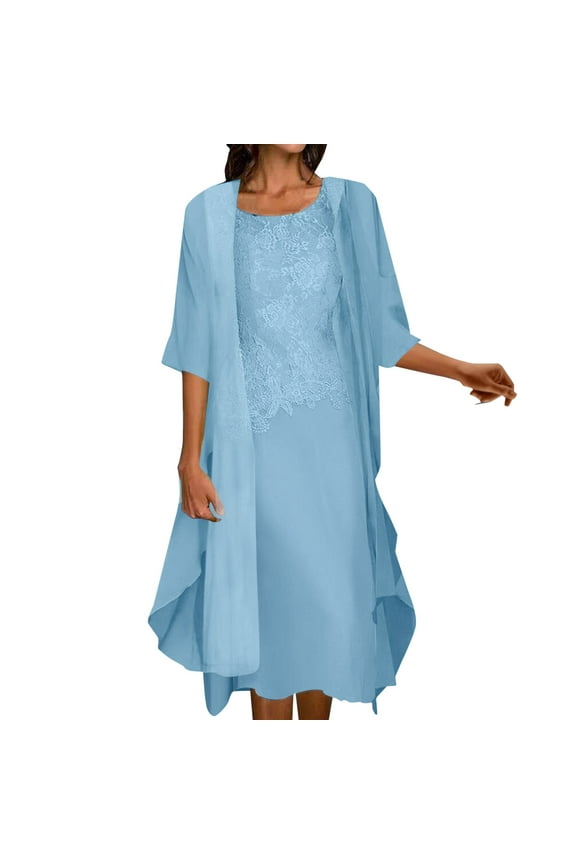 Elegant Women's Casual Two Piece Dress Fashionable Lace Chiffon Pure Color Outfit for Everyday Wear Light Blue XL