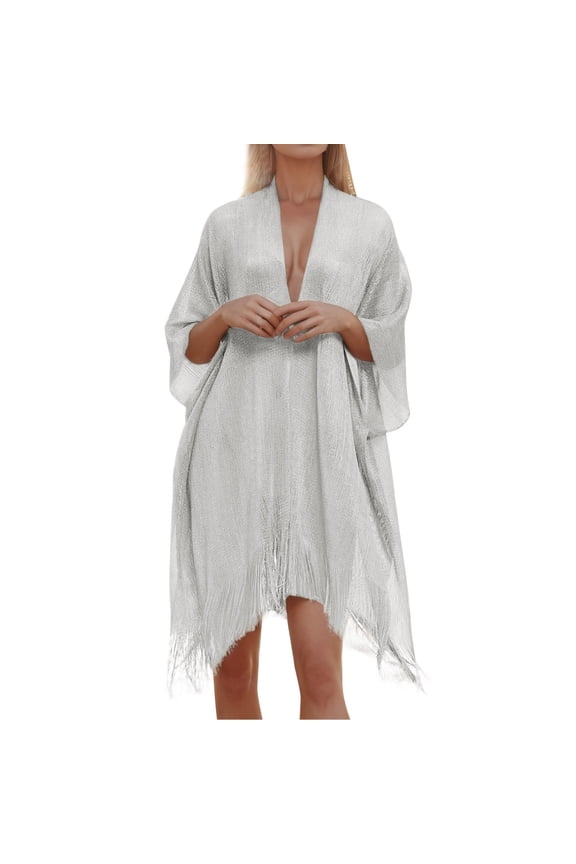 Elegant Women's Filigree Fringe Cape Shawl with Decorative Sheer Lightweight Scarf Wrap for Stylish Comfort Silver One Size