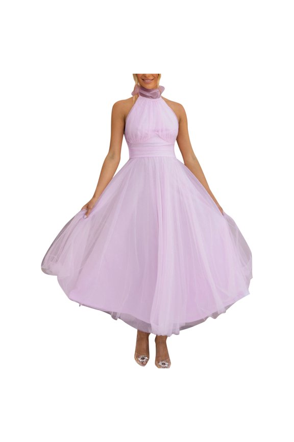 Elegant Women's Holiday Party Mesh High Neck Casual Dress with Flowy Comfortable Fit for Festive Seasonal Outings Purple L