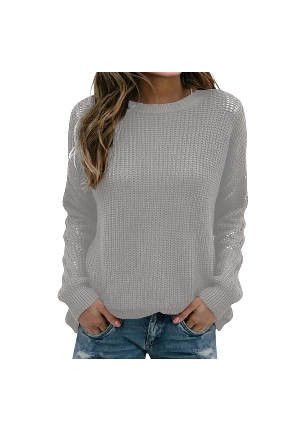 Elegant Women's Knit Pullover Sweater Soft Comfortable Loose Fit Round Neck Casual Winter Warm Cozy Yarn Fashion Outerwear Long Sleeve Blouse for Fall Season Daily Wear Grey XXXXXL