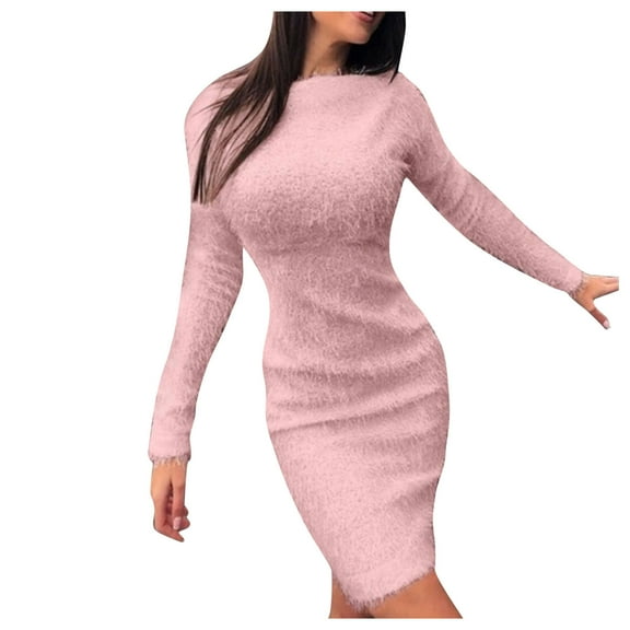 HJYCHN Elegant Women's Knit Turtleneck Sweater Dress with Long Sleeves for Fall Winter Season Comfortable Stretch Slim Fit Casual Wear Pink L
