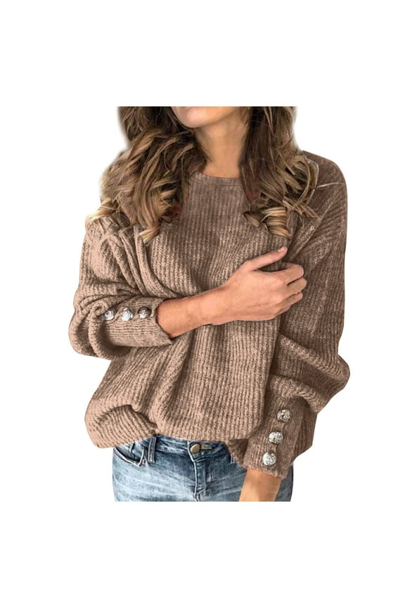 Elegant Women's Knitted Pullover Bow Detail Button Front Long Sleeve Soft Yarn Comfortable Casual Wear Cozy Winter Fashion Top for Ladies Khaki S