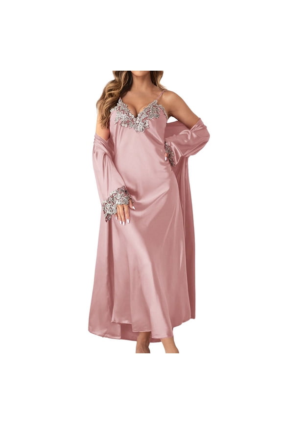 Elegant Women's Long Satin Nightgown and Robe Two Piece Loungewear Set Comfortable Sleepwear for Cozy Evenings Pink L