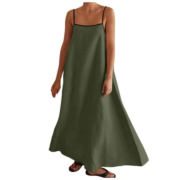 HJYCHN Elegant Women's Maxi Dress with Contrast Trim and Spaghetti Straps for Travel Outfits Sleeveless Long Gown Army Green S