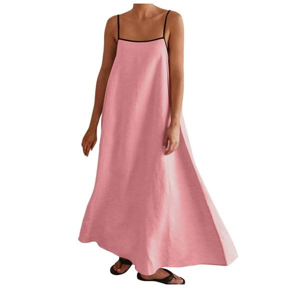 HJYCHN Elegant Women's Maxi Dress with Contrast Trim and Spaghetti Straps for Travel Outfits Sleeveless Long Gown Pink M