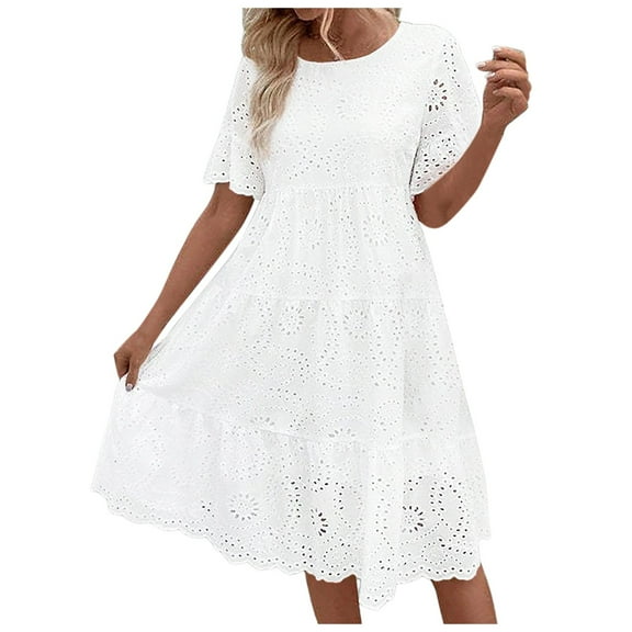 HJYCHN Elegant Women's Mid Length Casual Dress with Lace Jacquard and V-Neck Out Design for Slim Fit White M