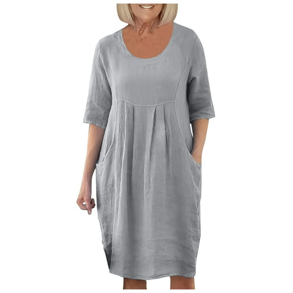 HJYCHN Elegant Women's Midi Tunic Dress with Pockets in Soft Solid Color Linen Fabric for Casual Comfort and Style Grey L