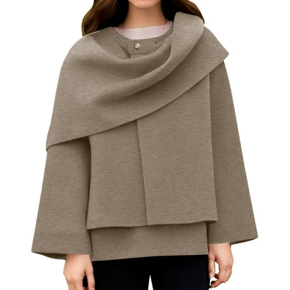 HJYCHN Elegant Women's Short Knit Sweater Coat Featuring Detachable Asymmetrical Scarf Design Sweater Brown L