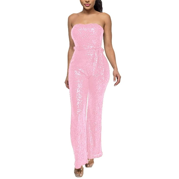 HJYCHN Elegant Women's Sleeveless Strapless Sequined Jumpsuit for Evening Party and with Comfortable Stretch Fit and Fashionable Design Pink M