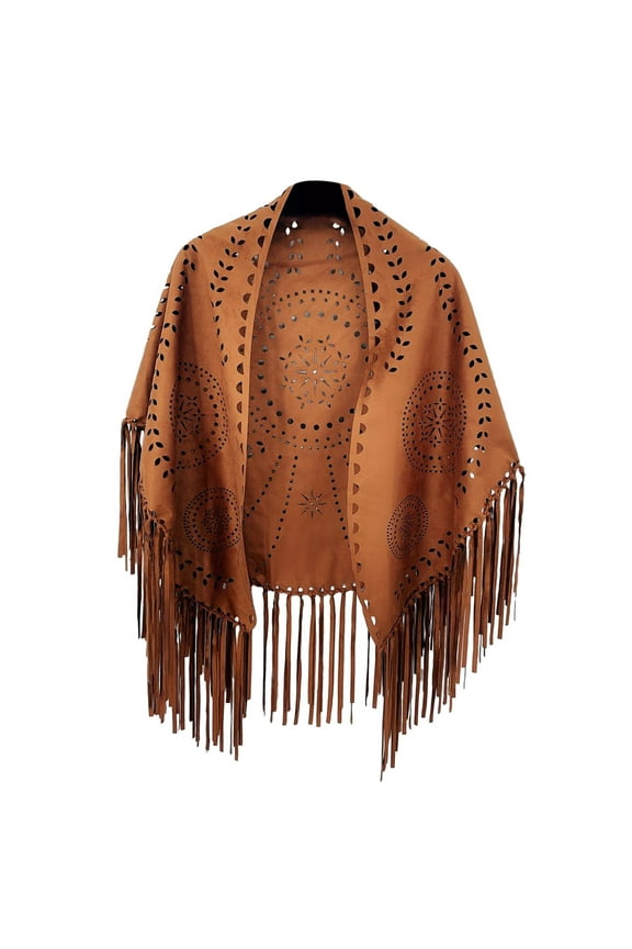 Elegant Women's Suede Fringe Cape Poncho Shawl Wrap With Punch Pattern Design Brown One Size