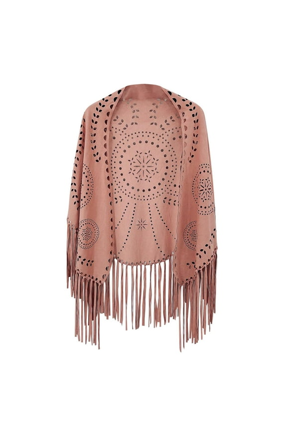 Elegant Women's Suede Fringe Cape Poncho Shawl Wrap With Punch Pattern Design Pink One Size