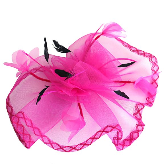 HJYCHN Elegant Women's Tea Party Headband with Wedding Flower Mesh Feathers Hair Clip Accessory Hot Pink One Size