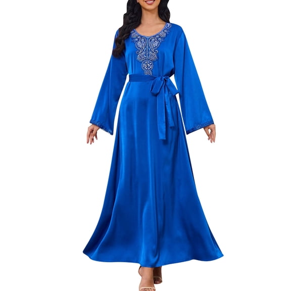 HJYCHN Elegant Women's V-Neck Color Block Long Sleeve Beaded Slim Fit Maxi Dress for Everyday Sophisticated Style Blue S